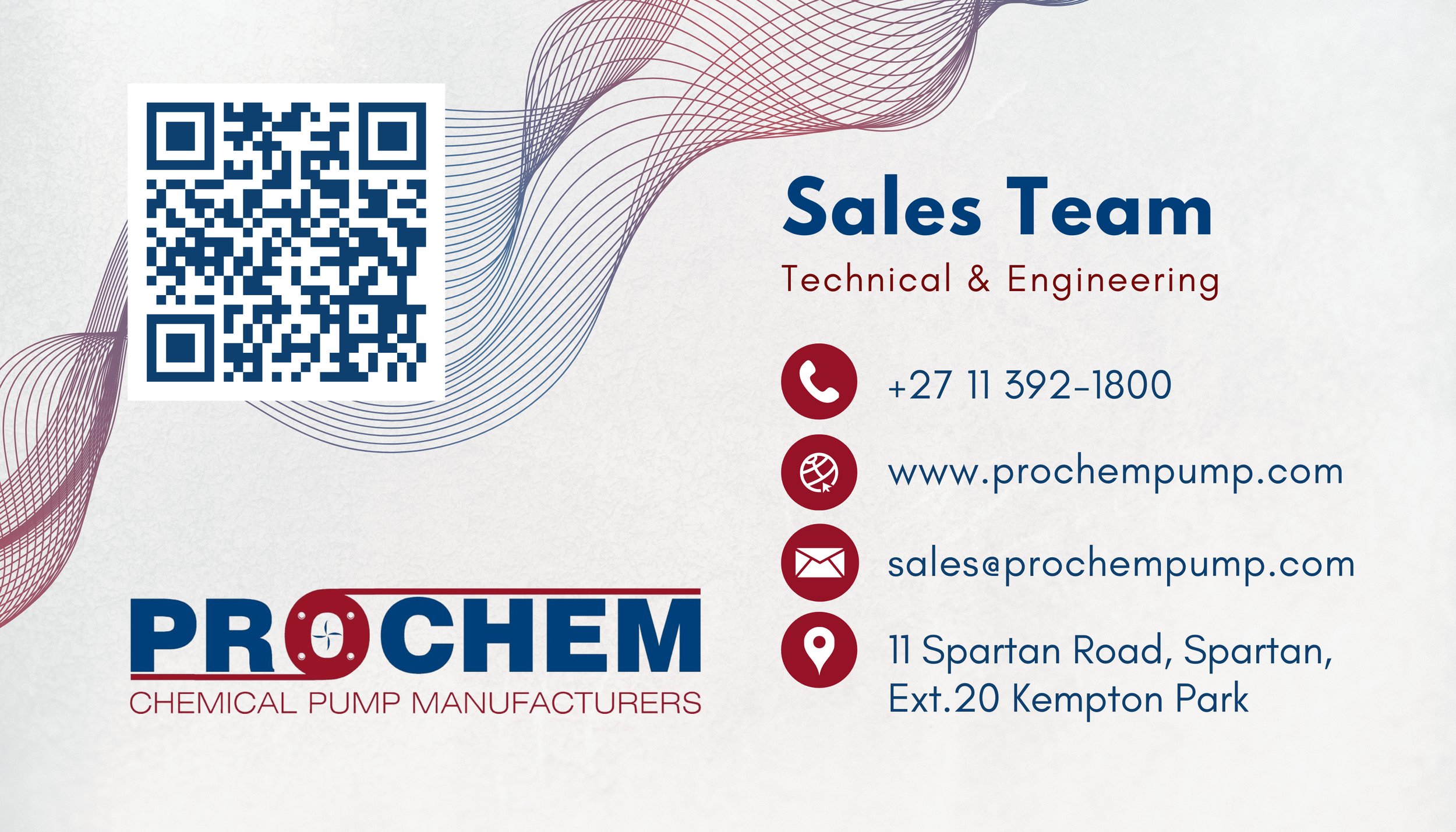 Business card for ProChem, a chemical pump manufacturer, featuring a QR code, company logo, contact information, and a decorative background of wavy lines.