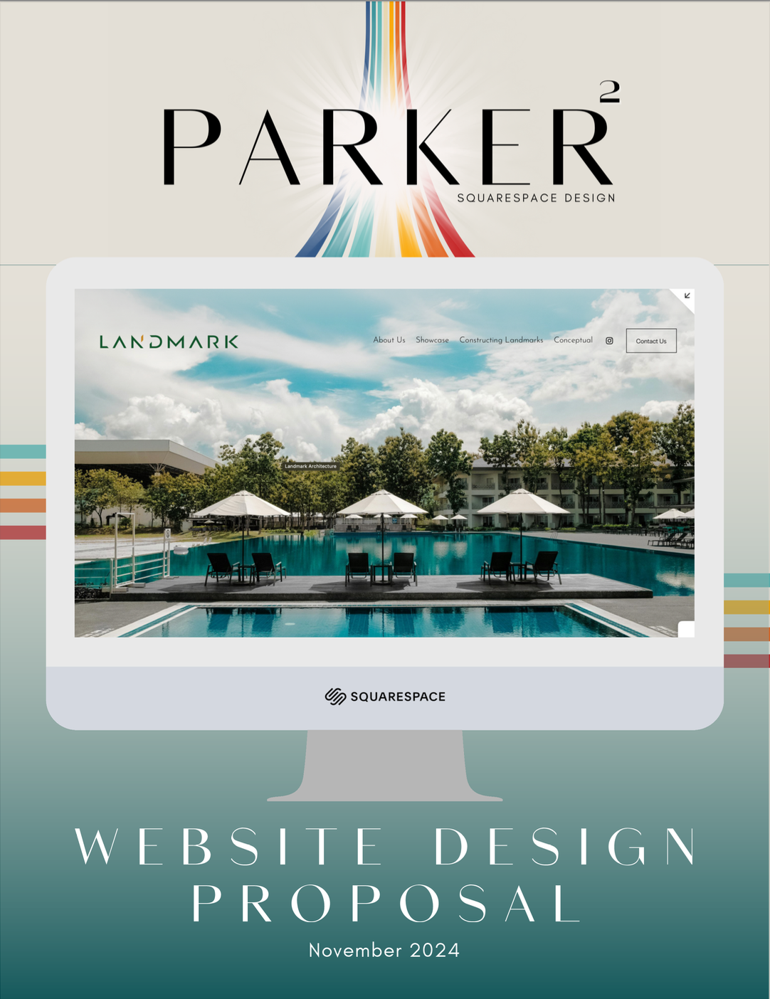 A website design proposal cover page with the title "Website Design Proposal" and the date November 2024, featuring a color gradient background and an illustration of a computer monitor displaying a webpage with a poolside scene.