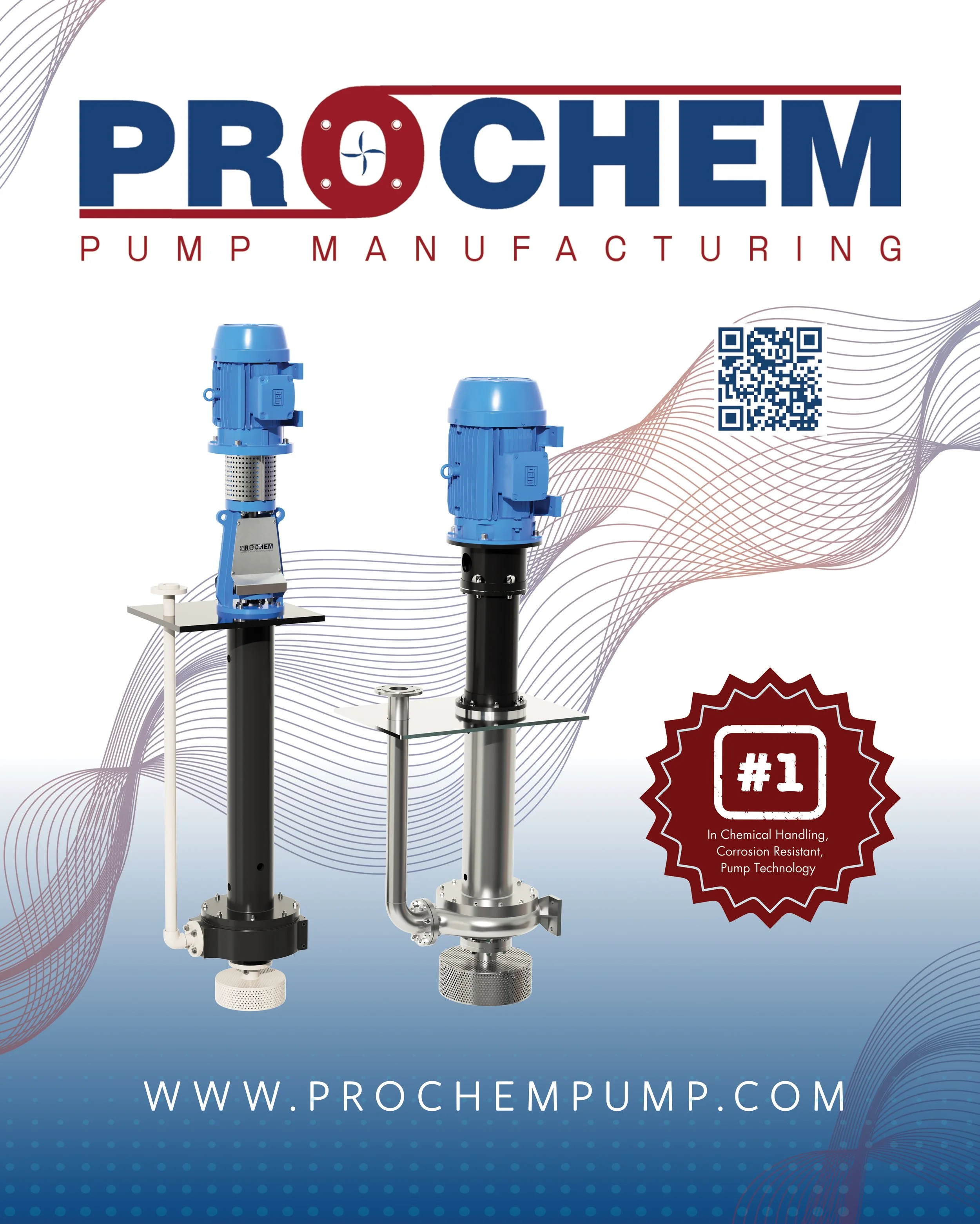 ProChem Pump Manufacturing logo with three industrial pumps and a QR code on a blue and white background with wave patterns.