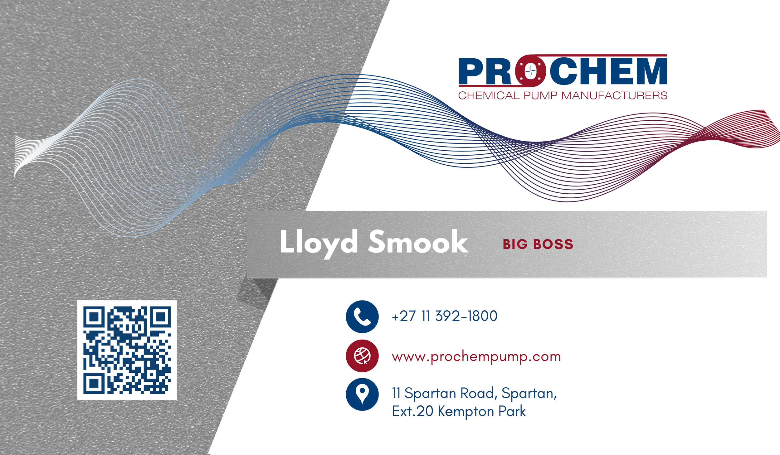 Business card for ProChem, a chemical pump manufacturer. The card features a black textured background on the left side, transitioning to a white background on the right. The ProChem logo is at the top right, with wavy lines in blue and red beneath i