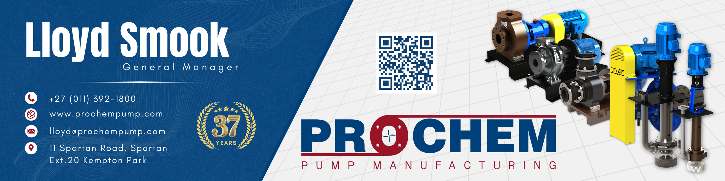 Business card or promotional graphic for ProChem Pump Manufacturing, featuring company contact info, a QR code, and images of pumps and machinery.