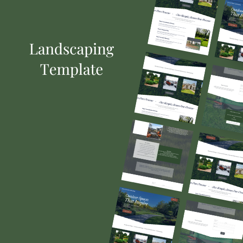 Draft landscaping template designs displayed on a vertical arrangement of screens, with a green background and white text reading 'Landscaping Template'