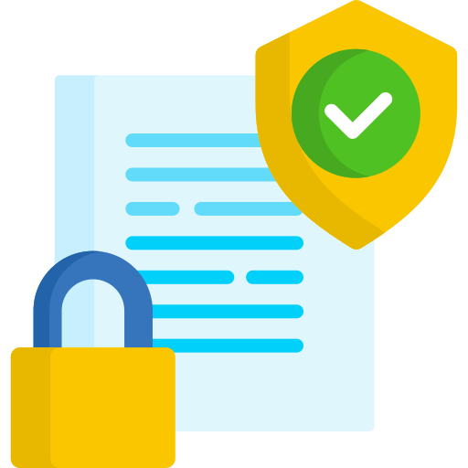 A document with a shield featuring a check mark and a padlock, symbolizing security or protection.