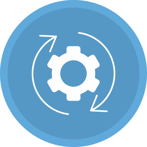 Blue circular icon with white gear in the center and two circular arrows around it, indicating settings or updates.