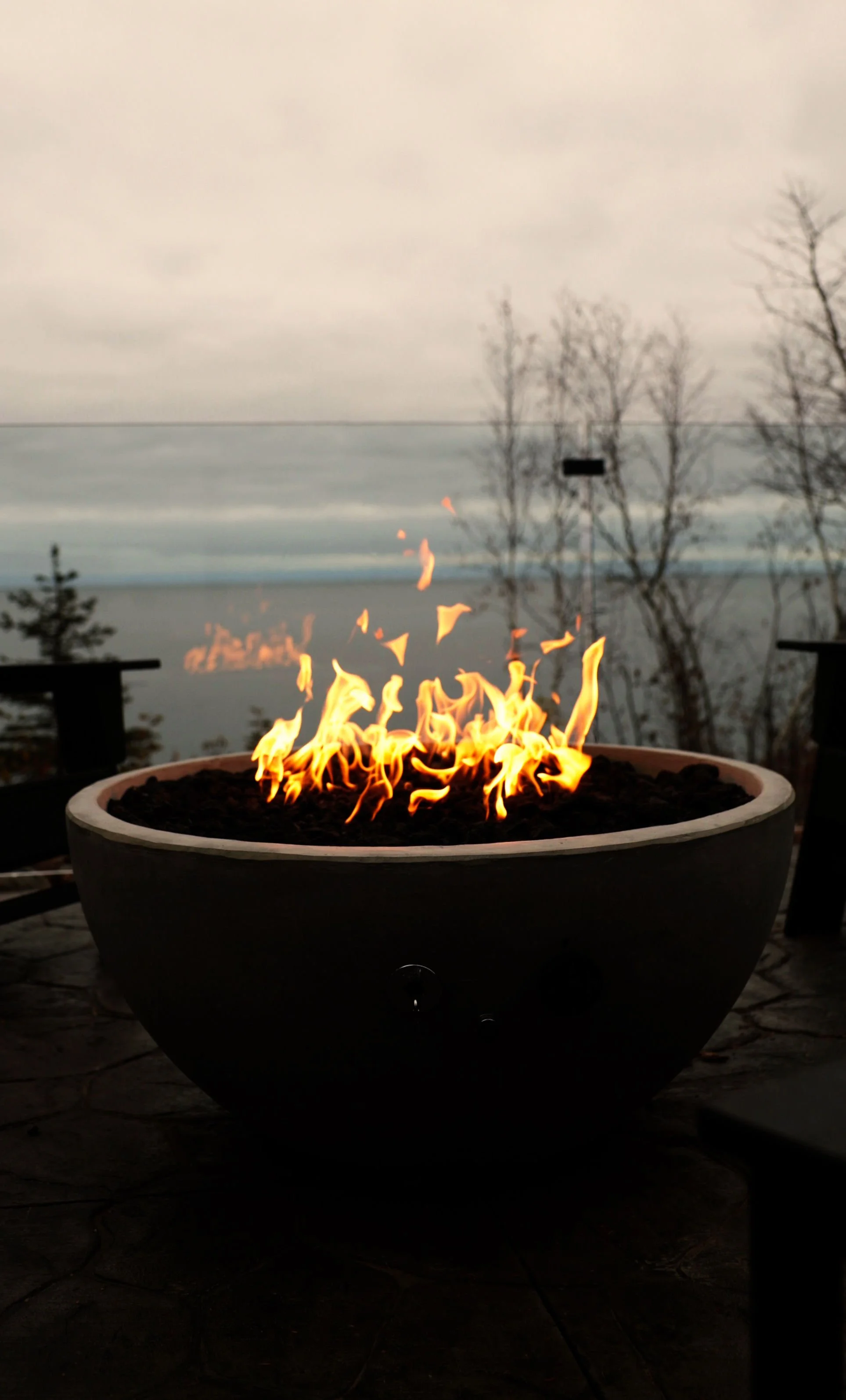 high power gas firebowl right on the patio overlooking lake superior