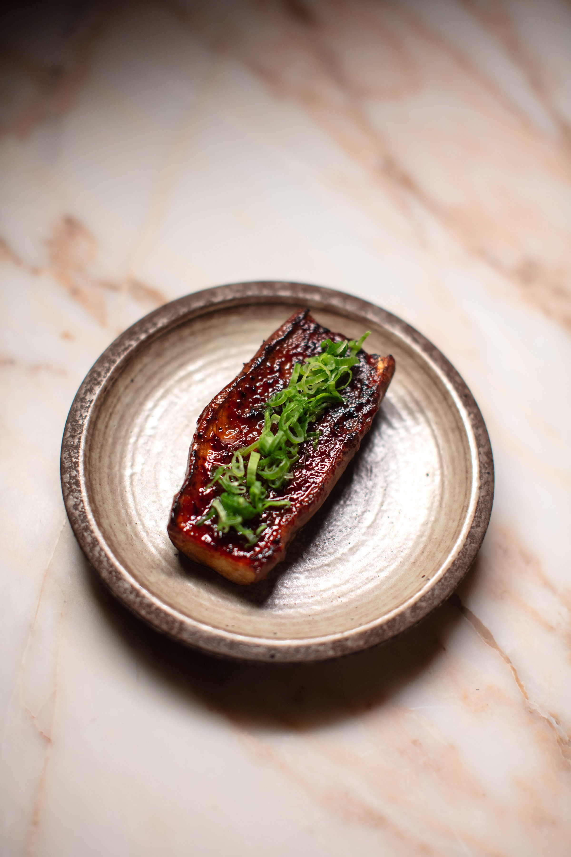 Grilled eel with sauce and green onions on a ceramic plate