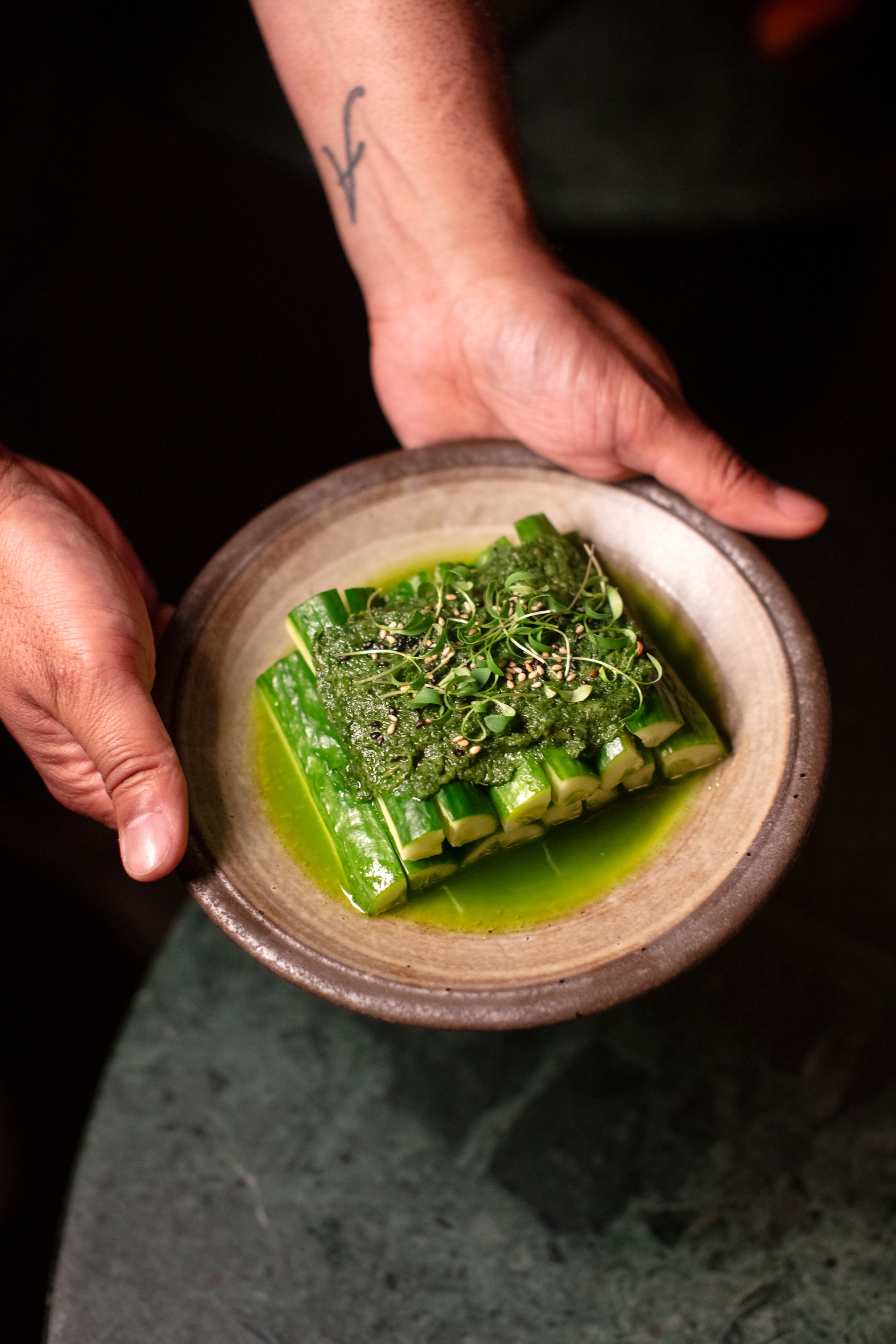 Plate of sliced cucumber with green sauce and microgreens, held by hands