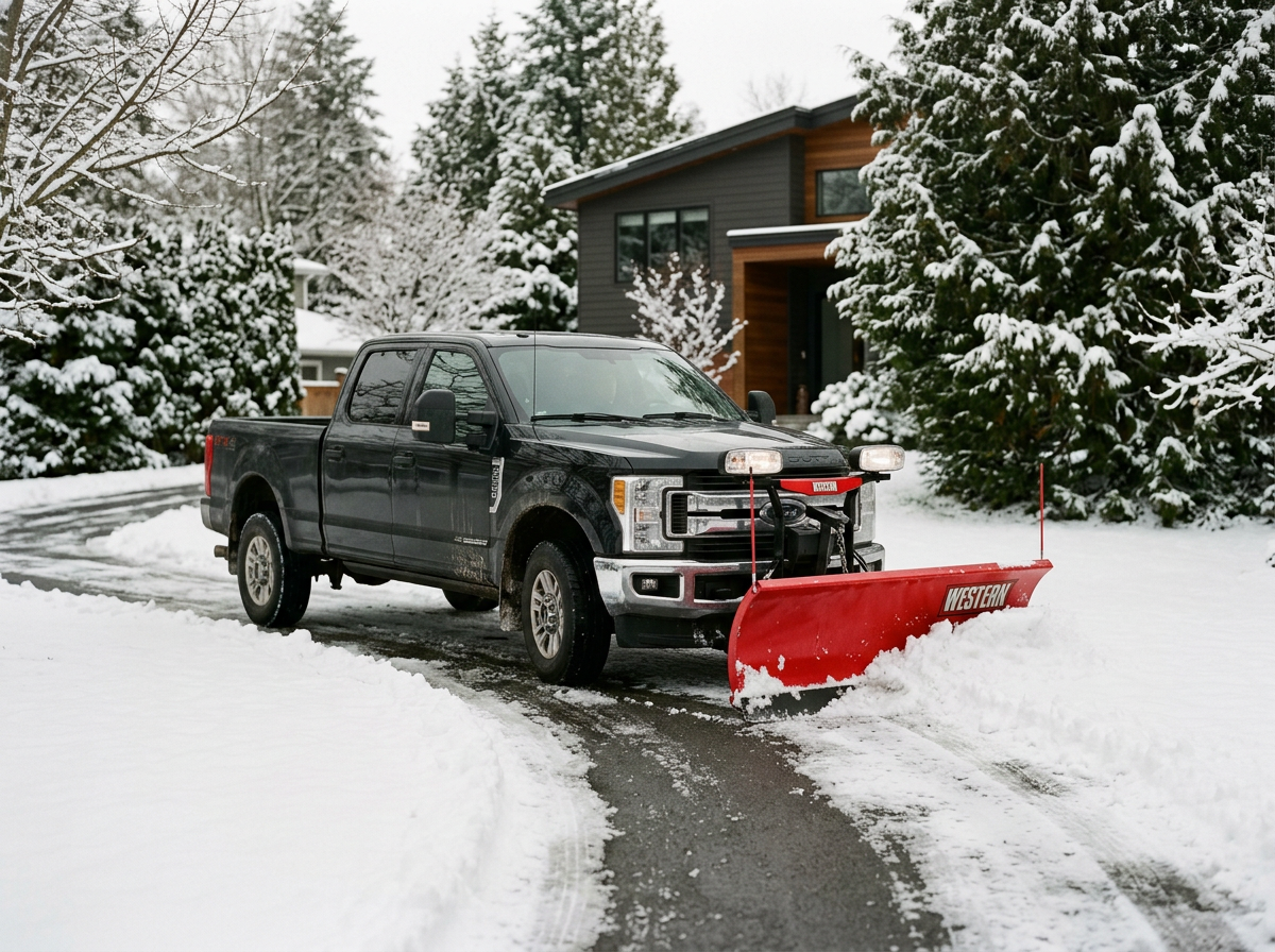 black truck plowing driveway