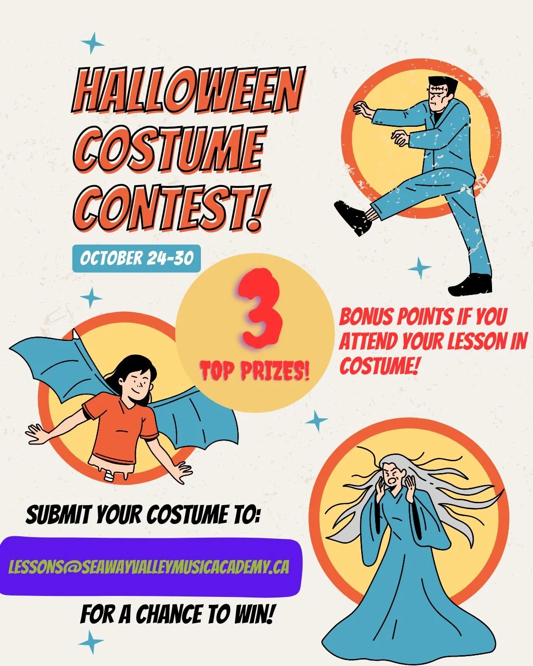 It's spooky season, which means we are once again holding our Halloween Costume Contest!! 

Students can submit their costumes via email and will get extra points for wearing their ghoulish get-ups to their lesson! 

Winners will receive their choice