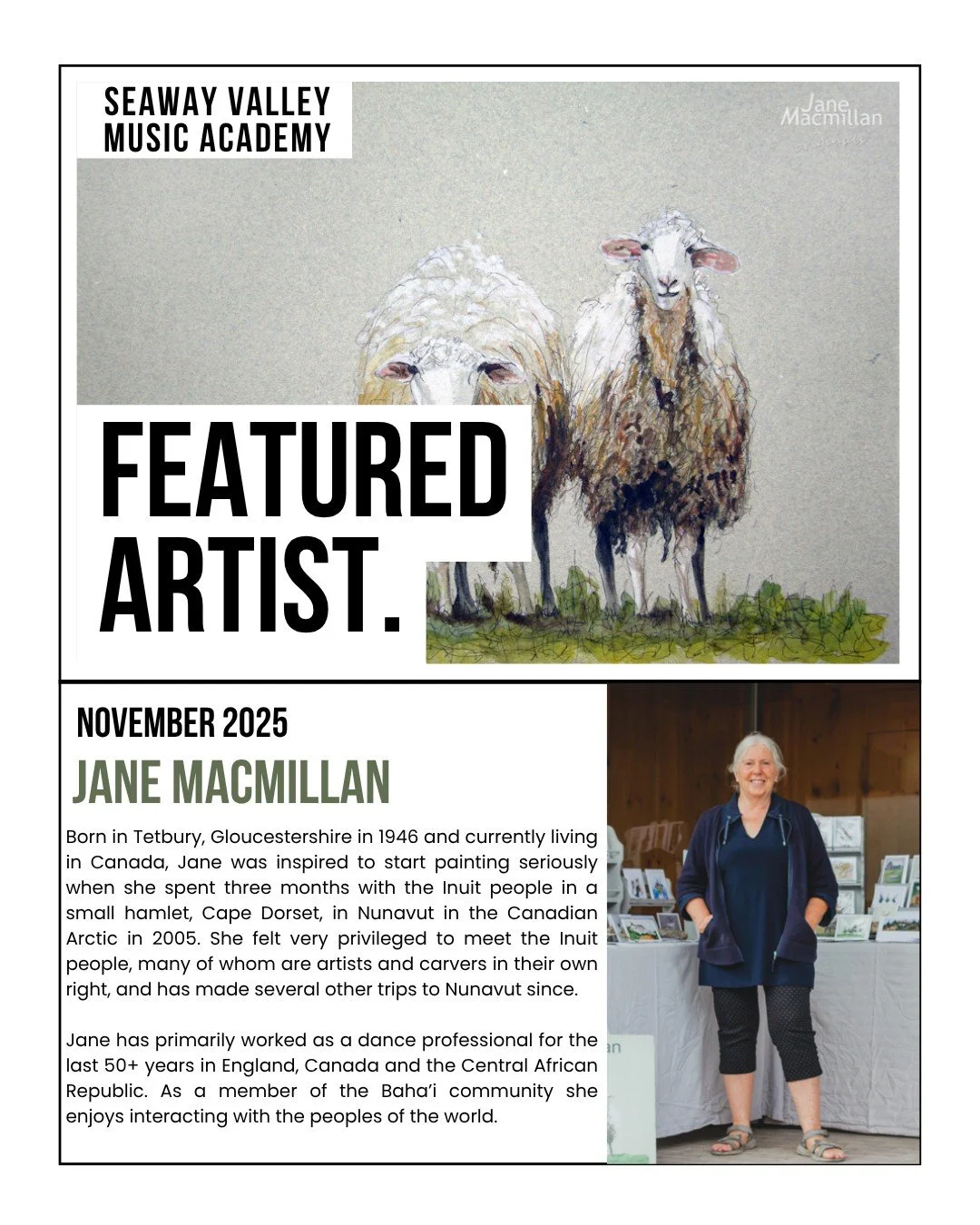Please join us in welcoming Jane MacMillan to our walls for the month of November! 

Jane is inspired by, and greatly attracted to, the natural creation around her. For instance she likes to paint quirky subjects such as octopuses, musk oxen and rece