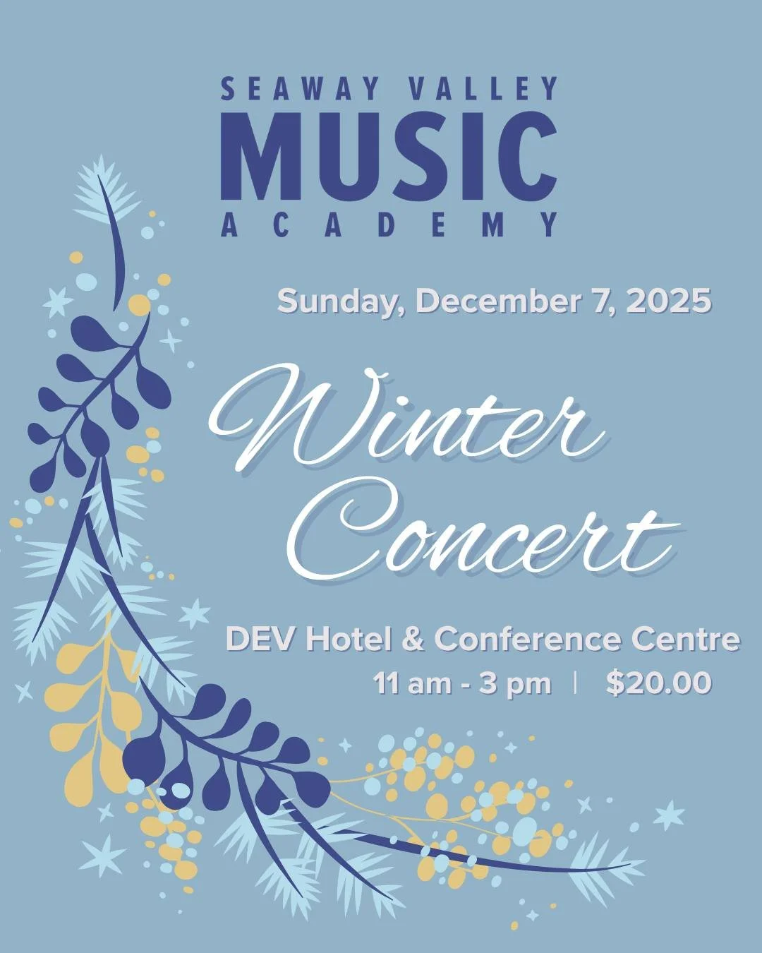 It's the most wonderful time
of the year! SVMA's second annual winter concert is
just one month away!

Join us on December 7, 2025 at the @
@devhotelconferencecentre  from 11:00am - 3:00pm as
our students take to the stage and showcase their
talents!