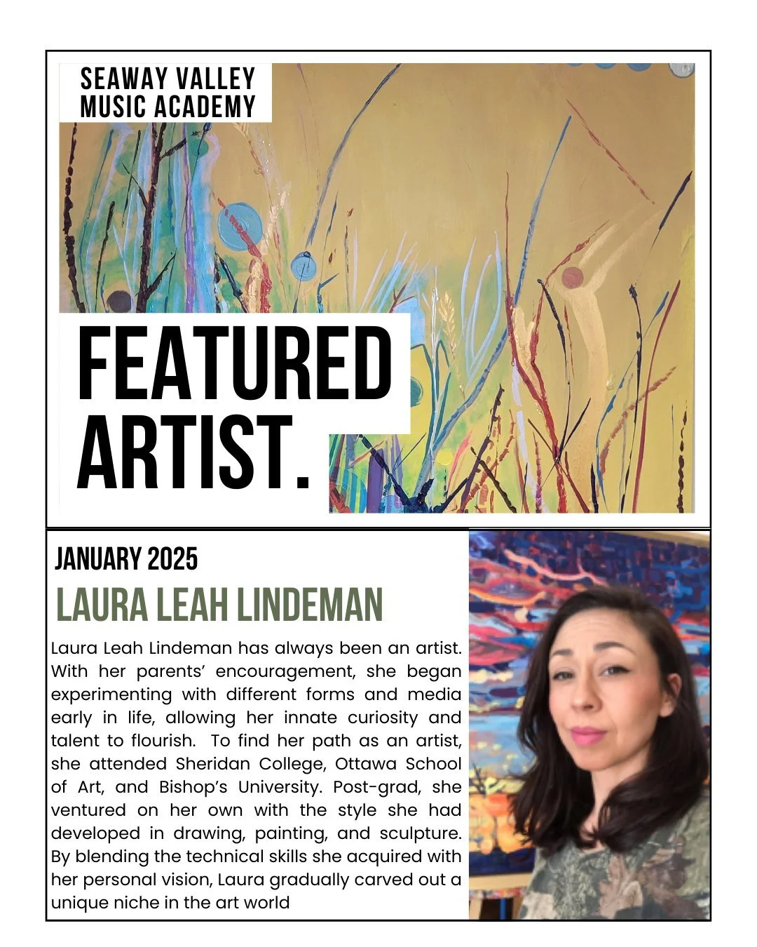 Laura Leah Lindeman's works are on display until the end of the month. Learn more about her below! 

Her passion is abstract art combined with realism and illustration. Presently, she works mainly in escapism, abstract landscapes, drip work, and find