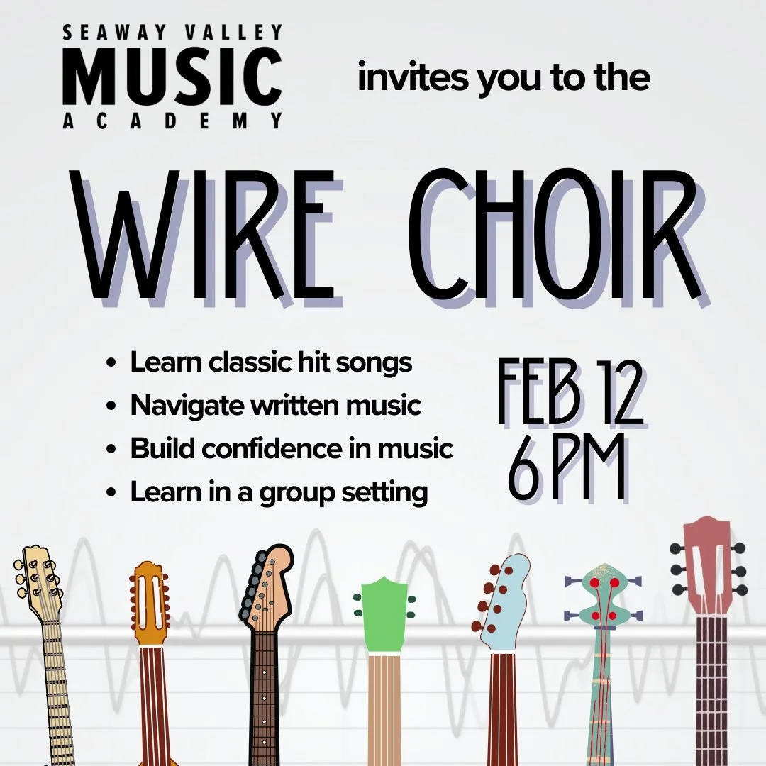 The Seaway Valley Music Academy's Wire Choir is a group class focused on learning songs with fretted stringed instruments such as guitar, ukulele, mandolin, bass, and banjo. 

The Wire Choir is recommended for the experienced beginner, who may be fam