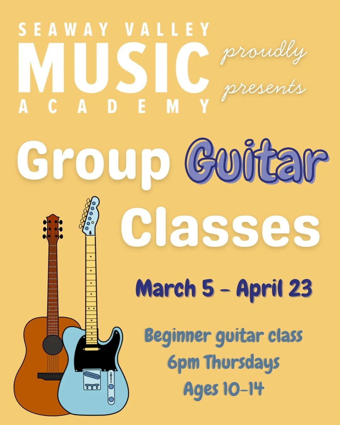 We're excited to invite youth ages 10-14 to join our beginner group guitar class! 

This 8-week course is an introduction to playing notes and chords, as well as strumming patterns and techniques. Students will learn to read both notation and tablatu