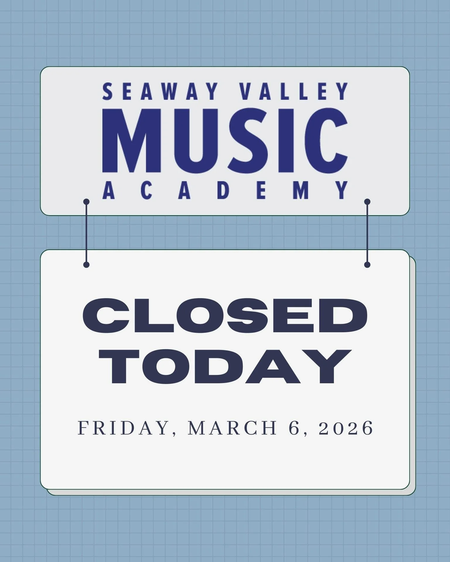 Heads up, friends! We are closed today, March 6, 2026. 

We'll see you on Monday, March 9 for all our regularly scheduled musical goodness. 

Have a great weekend!