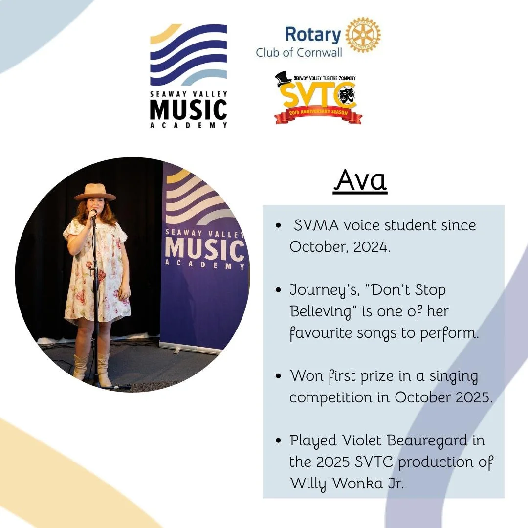 Seaway Valley Music Academy is proud to announce that our students will be participating in @rotaryclubofcornwall &amp; @seawayvalleytheatrecompany's  first ever music showcase on April 25! 

Over the next few weeks, we'll be highlighting the perform