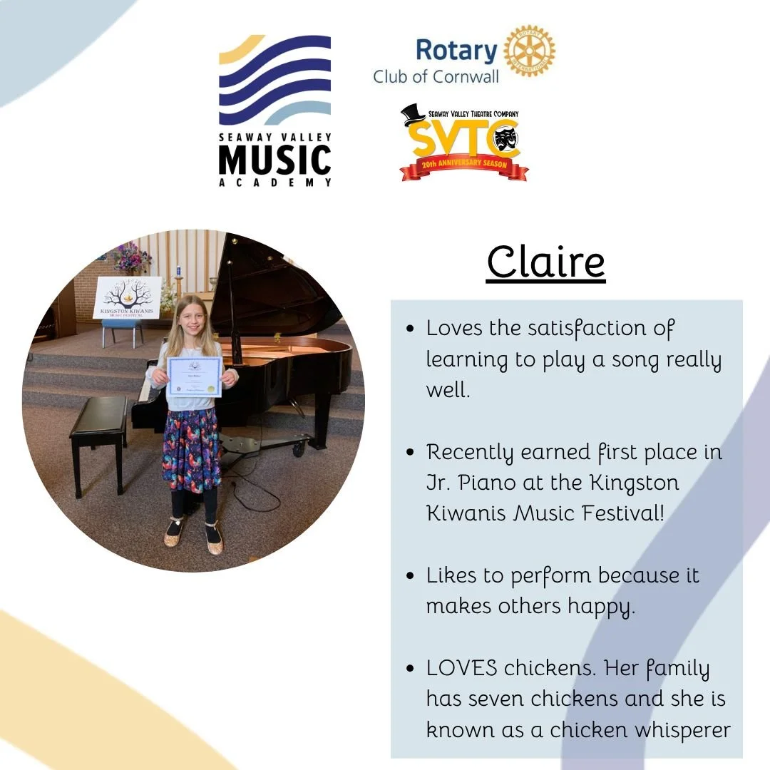 Seaway Valley Music Academy is proud to announce that some of our students will be participating in @rotaryclubofcornwall &amp;  @seawayvalleytheatrecompany's first ever music showcase on April 25! 

As the big day approaches, we'll be highlighting t
