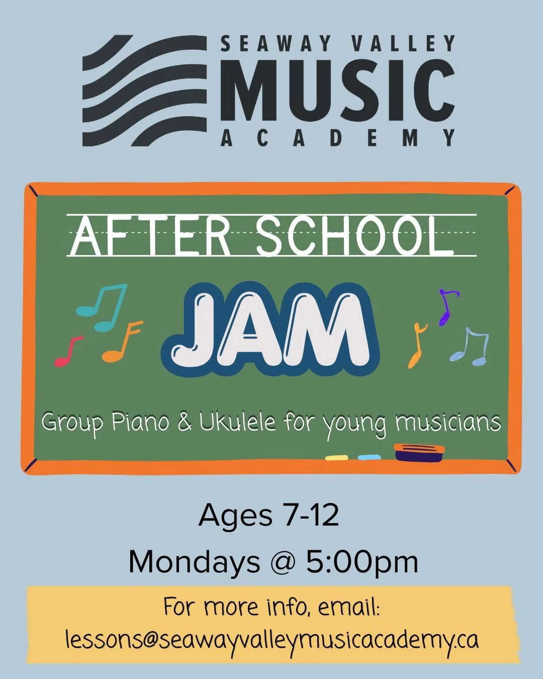 NEW PROGRAM ALERT!

@seawayvalleymusicacademy is excited to announce our newest youth program: After School Jam! 

Beginning in June, and running every Monday at 5pm, After School Jam is a group program for children ages 7 - 12 years. Focusing on #pi