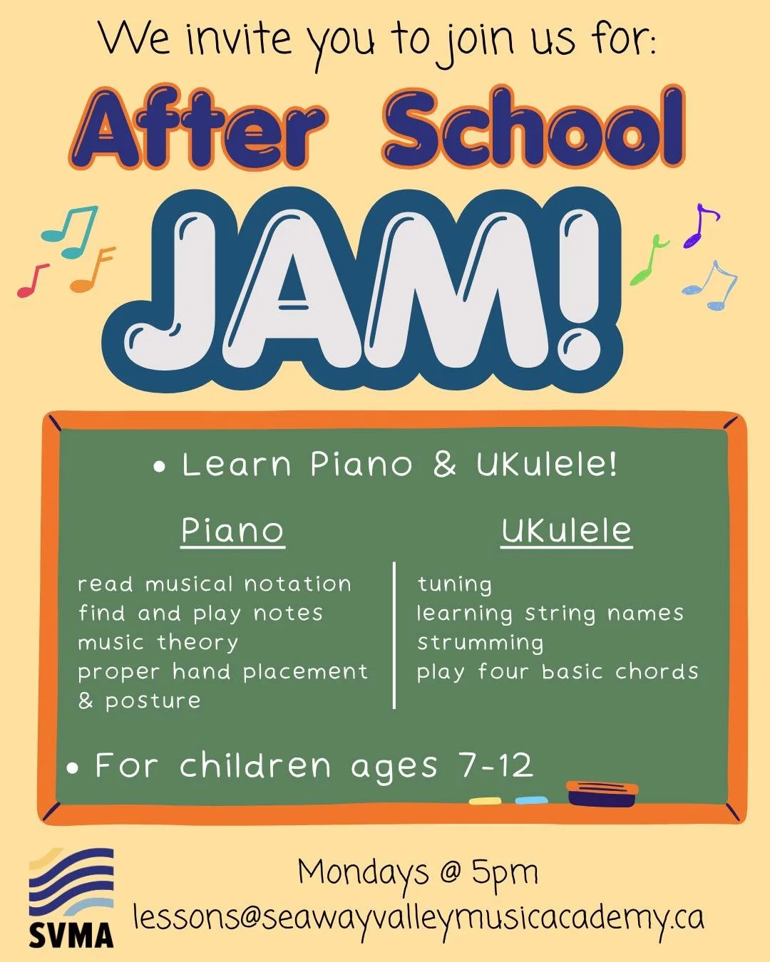 School ends soon, and after school, we JAM! 

Designed for students ages 7-12 this group course will teach foundational concepts of both the piano and the ukulele, while giving young musicians experiences in audience etiquette and how to perform solo