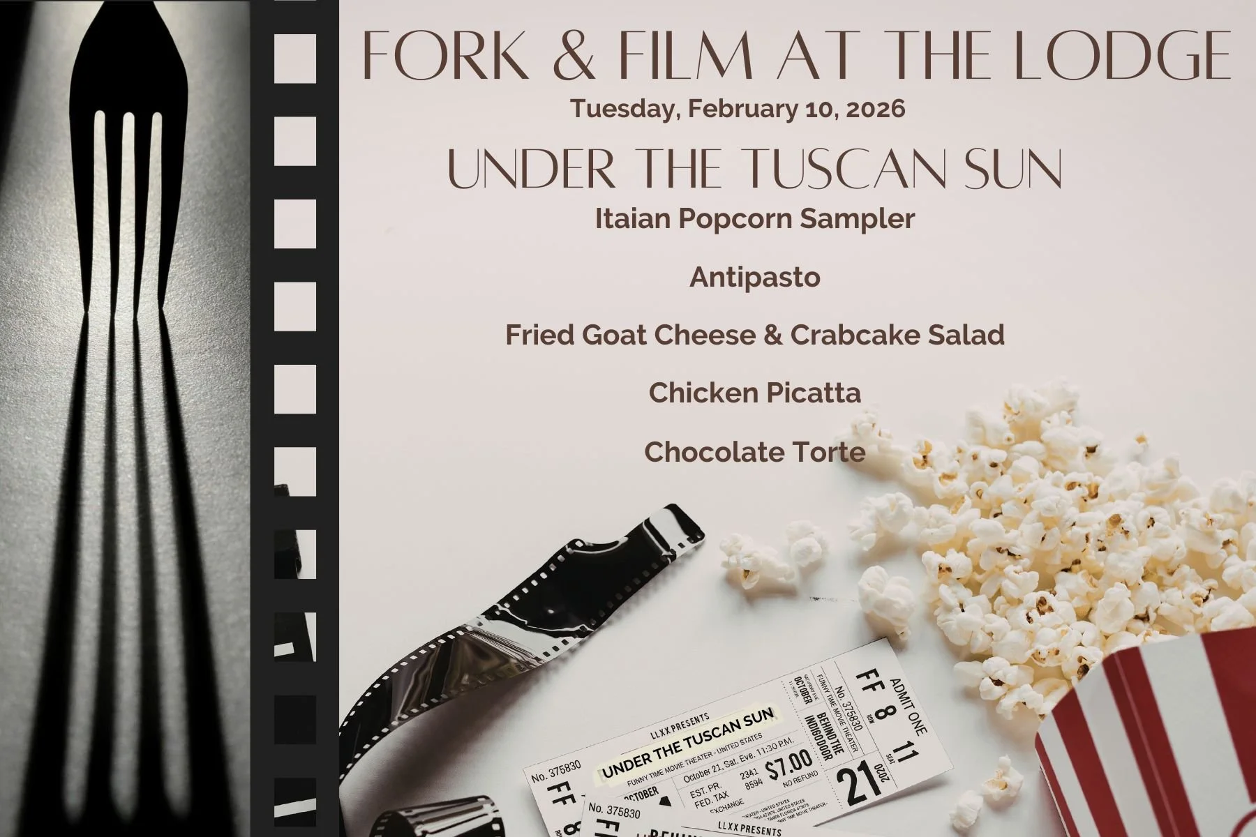 Our Fork &amp; Film Series Kicks Off - Dinner and a Movie at The Lodge