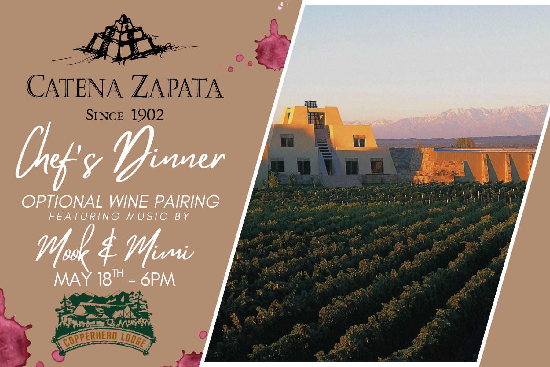 Our Chef’s Dinner —- Catena Wines Paired! Featuring Music by Mook &amp; Mimi!