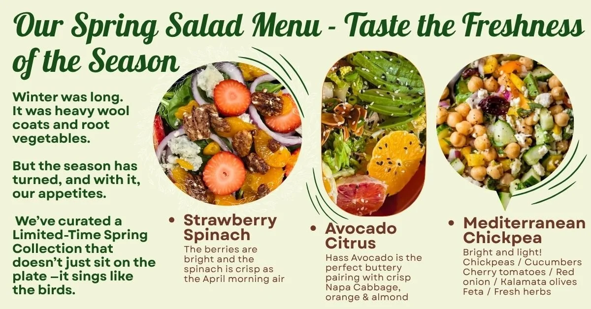Spring salad menu with three salads: Strawberry Spinach, Avocado Citrus, and Mediterranean Chickpea, featuring fresh fruits and vegetables.