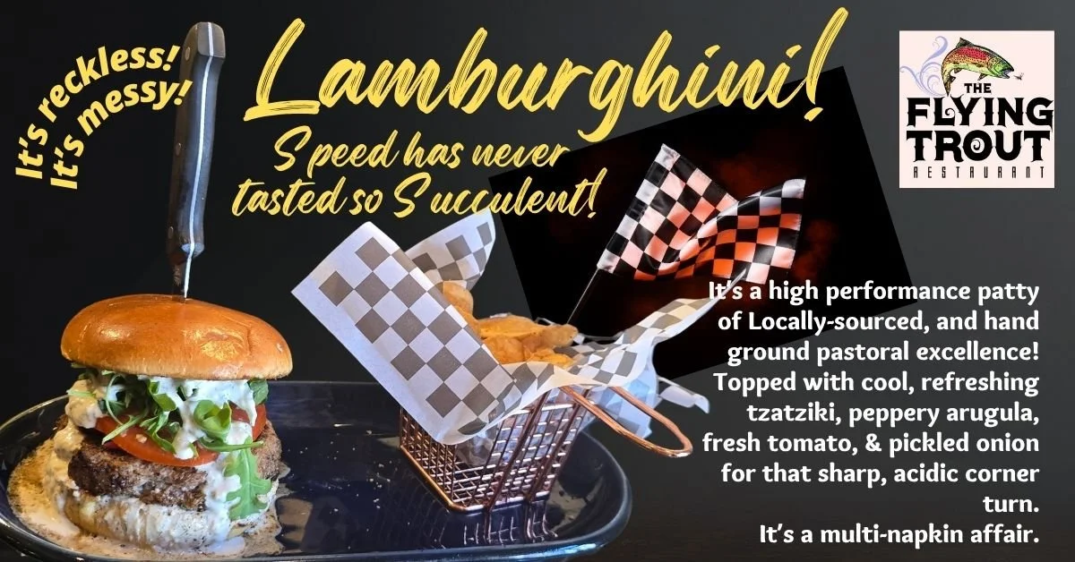 An advertisement for a burger restaurant featuring a burger with a small flag in a basket of fries, with text highlighting the burger's ingredients and quality.