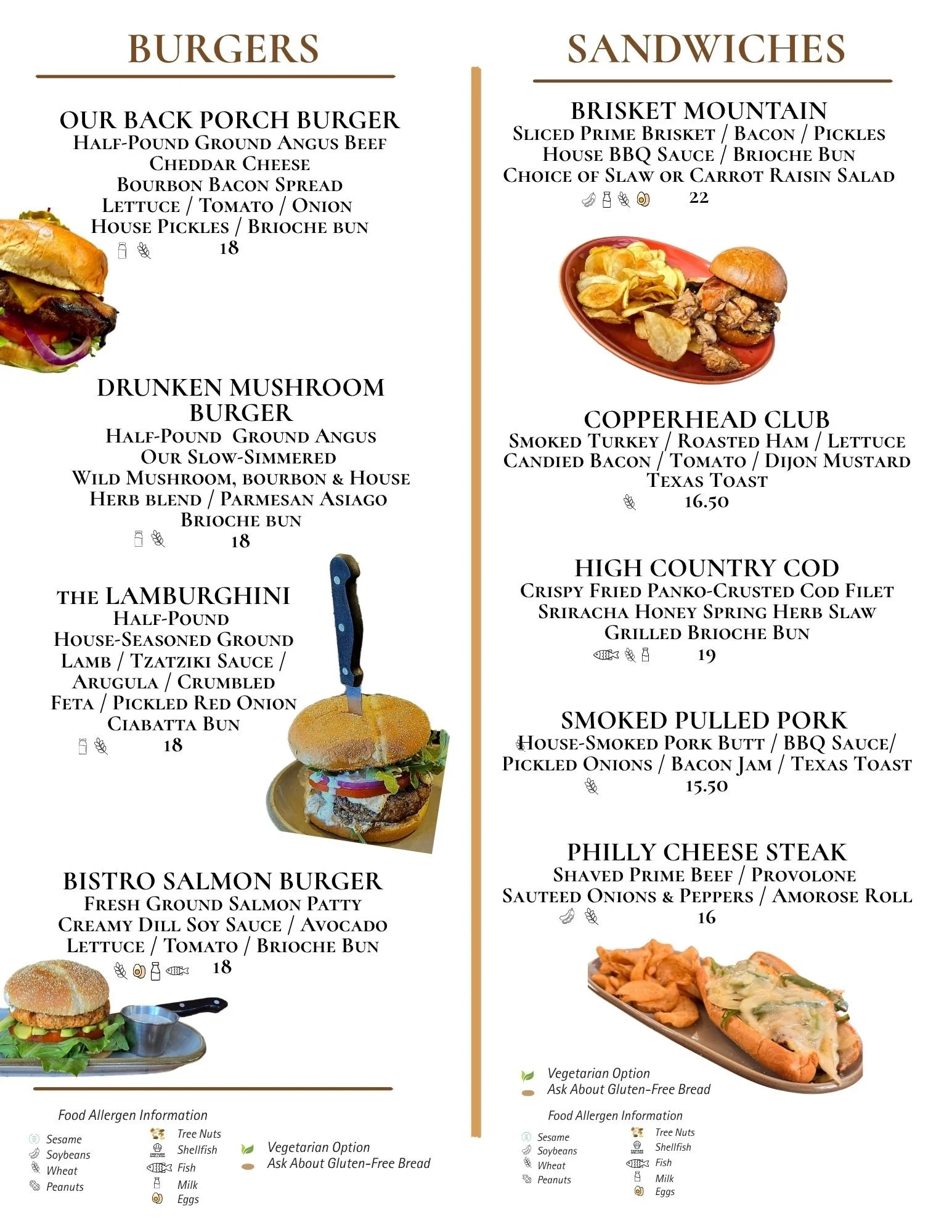 Menu featuring burgers and sandwiches with descriptions and prices. The left side showcases various burgers, including a back porch burger, a drunken mushroom burger, and a bistro salmon burger, each with ingredients listed. The right side presents sandwich options such as brisket mountain, copperhead club, high country cod, smoked pulled pork, and Philly cheese steak, along with additional details and images of some dishes.