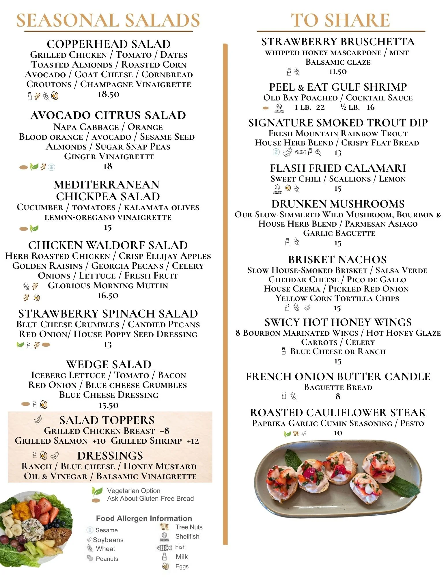 A menu with seasonal salads and shareable dishes. The salads include Copperhead Salad, Avocado Citrus Salad, Mediterranean Chickpea Salad, Chicken Waldorf Salad, Strawberry Spinach Salad, and Wedge Salad, each with ingredients and prices. The shareable dishes include Strawberry Bruschetta, Peel & Eat Gulf Shrimp, Signature Smoked Trout Dip, Flash Fried Calamari, Drunken Mushrooms, Brisket Nachos, French Onion Butter Candle, Roasted Cauliflower Steak, and a photo of appetizers on a plate.