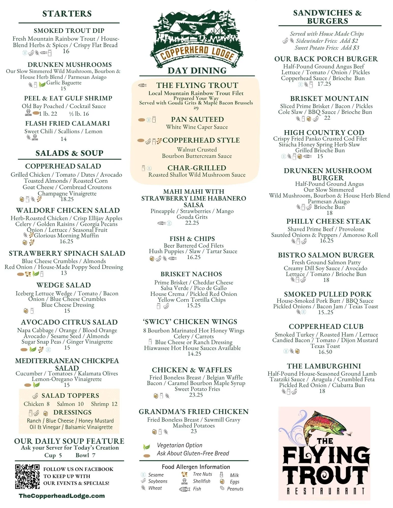 A restaurant menu from Copperhead Lodge featuring starters, salads, soups, day dining, burgers, and additional dishes. It includes images and icons indicating ingredients, dietary options, and allergens, along with prices.