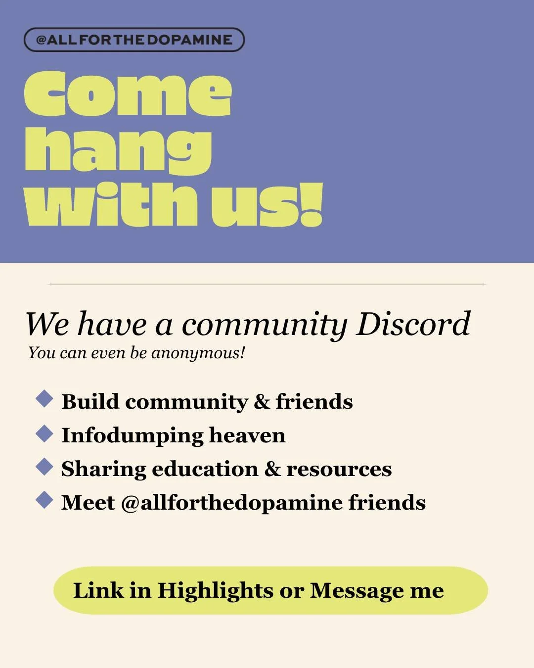 I miss hanging out with y'all.
and..y'all are miss having each other.

It's sooo nice having other people to talk to that you can absolutely relate to in a low pressure environment. 

I've had the discord but became less engaged in the last year..but