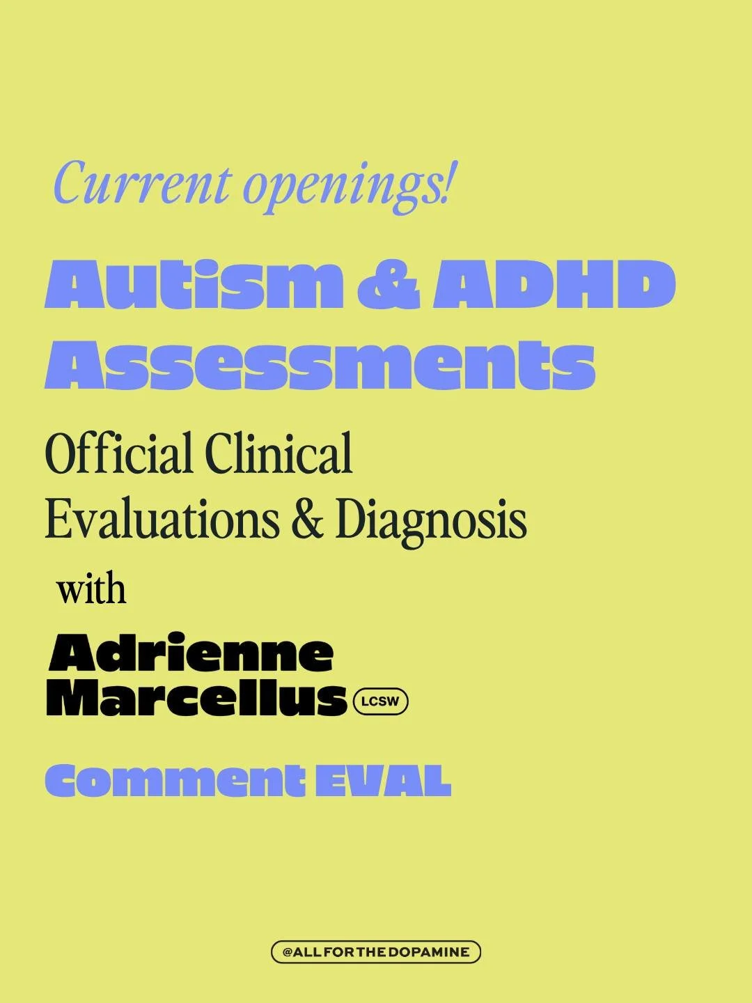 Comment EVAL and I&rsquo;ll send you all the info about my Autism + ADHD assessment process 😊

I have current openings for adult Autism, ADHD &amp; AuDHD assessments!

If you&rsquo;ve spent YEARS wondering why life feels hard all the time and nothin