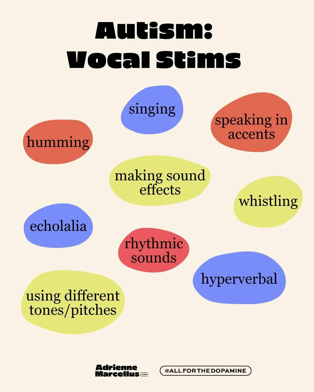 Did you know these can all be forms of vocal stimming?

When we hear &ldquo;vocal stims,&rdquo; we might immediately think of echolalia or repeating words and phrases, but vocal stimming can show up in a LOT of different ways.

It can be humming, sin