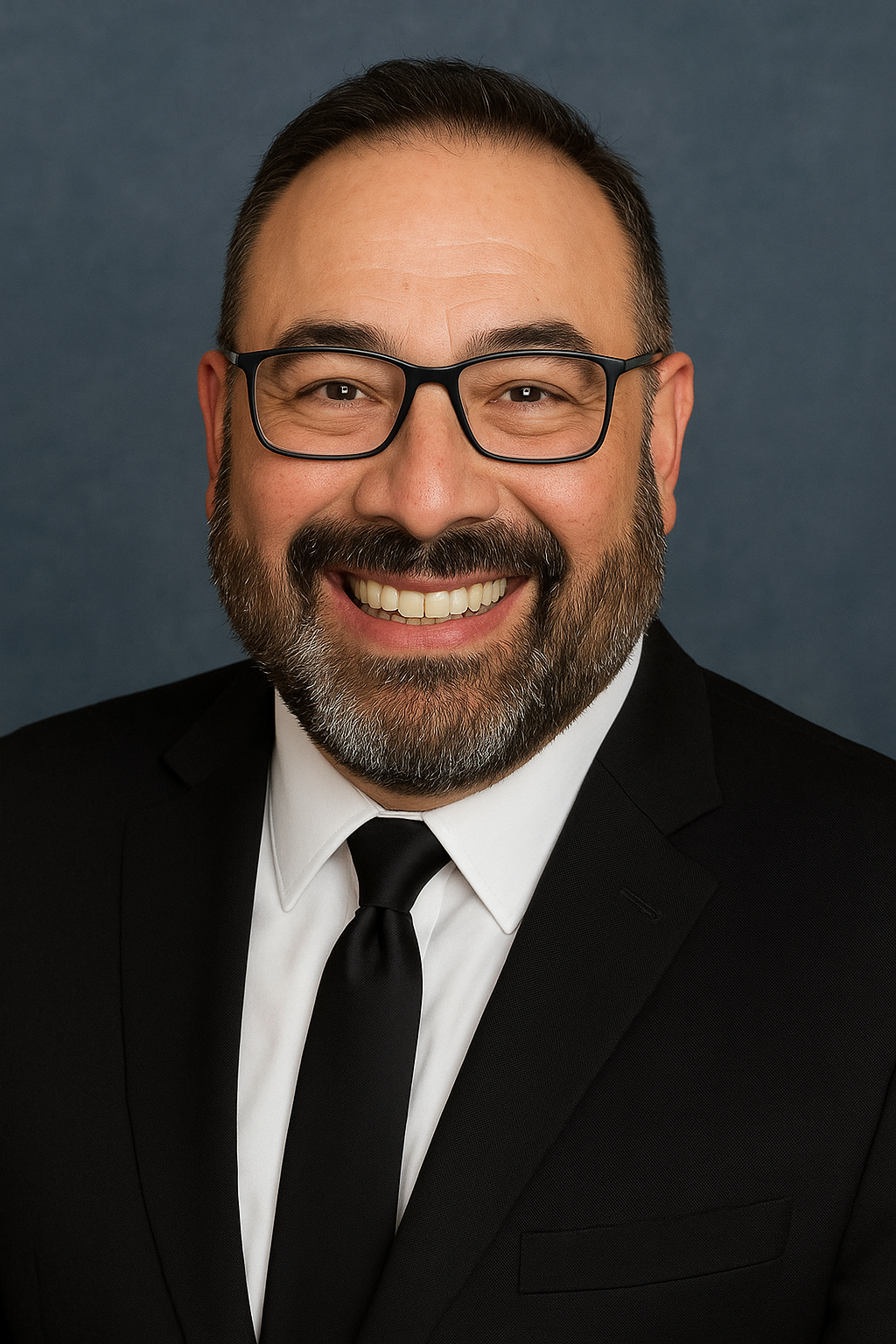 A smiling man in a business suit with glasses, a beard, and short hair, against a dark background.