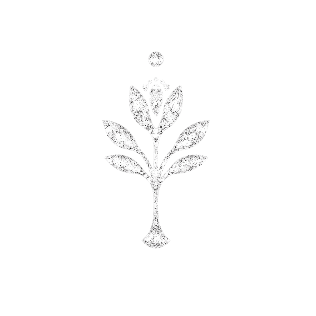 White stylized plant with leaves and a flower on black background.