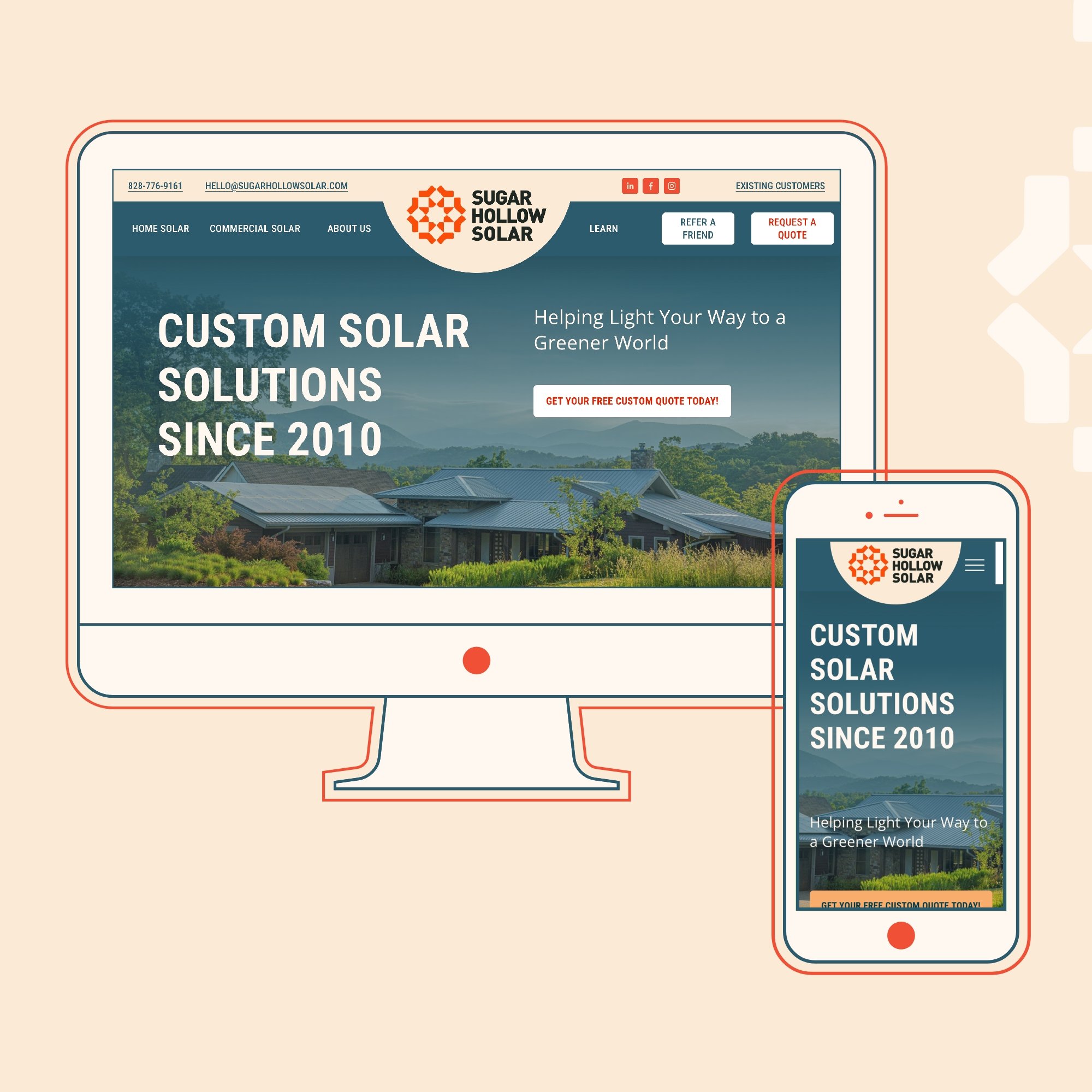 Modern, professional Squarespace website design for Sugar Hollow Solar, an Asheville solar panel installer and sustainable energy company, shown on desktop and mobile phone