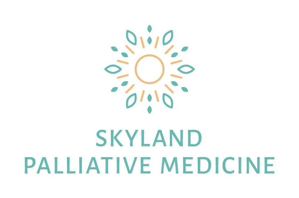 Skyland Palliative Medicine logo with a light yellow sun surrounded by turquoise leaves in a radial shape