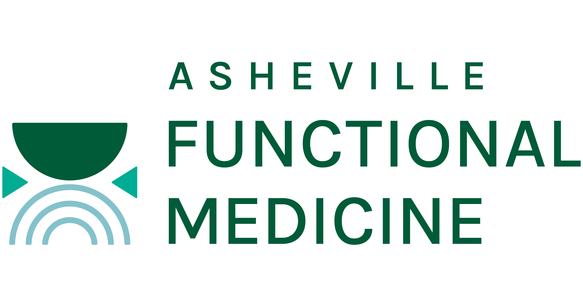 Asheville Functional Medicine logo design showing a green half-circle on top of a blue 3-arch rainbow, with 2 teal triangles on each side.