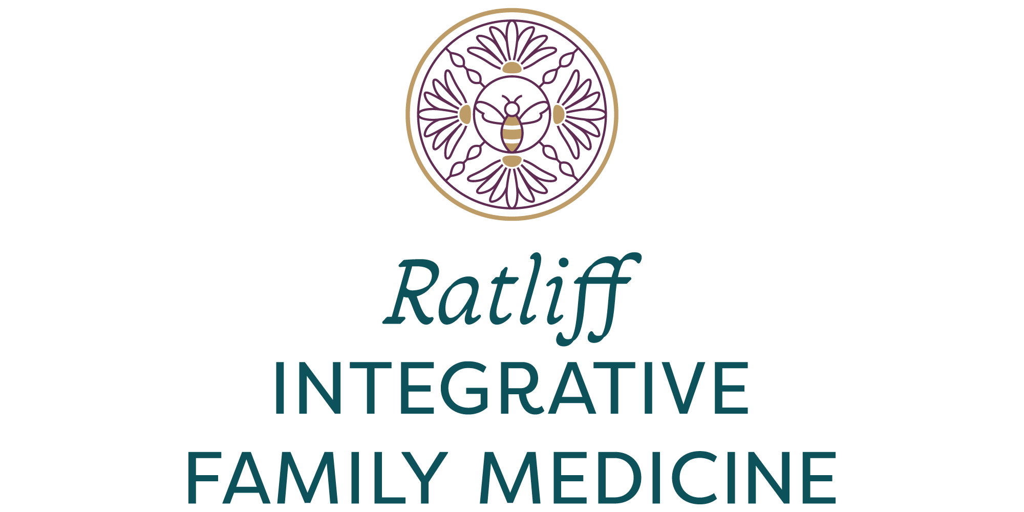 Ratliff Integrative Family Medicine logo of a bee in the center of a badge with purple daisies going around it and a gold border