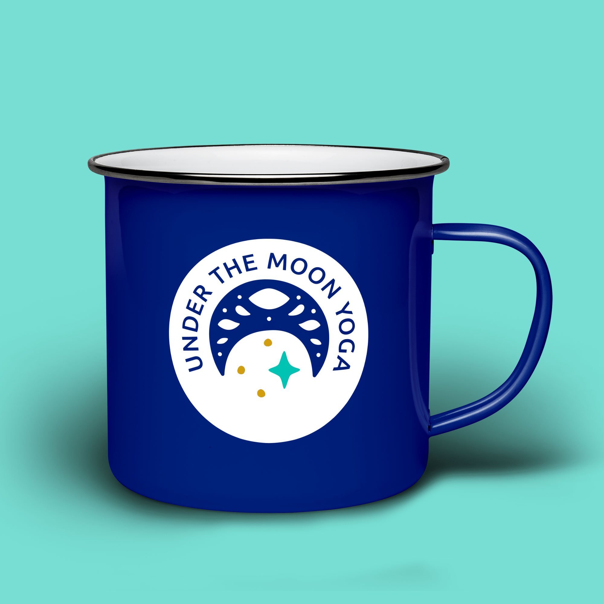 Round modern moon logo design for yoga studio branding on a mug