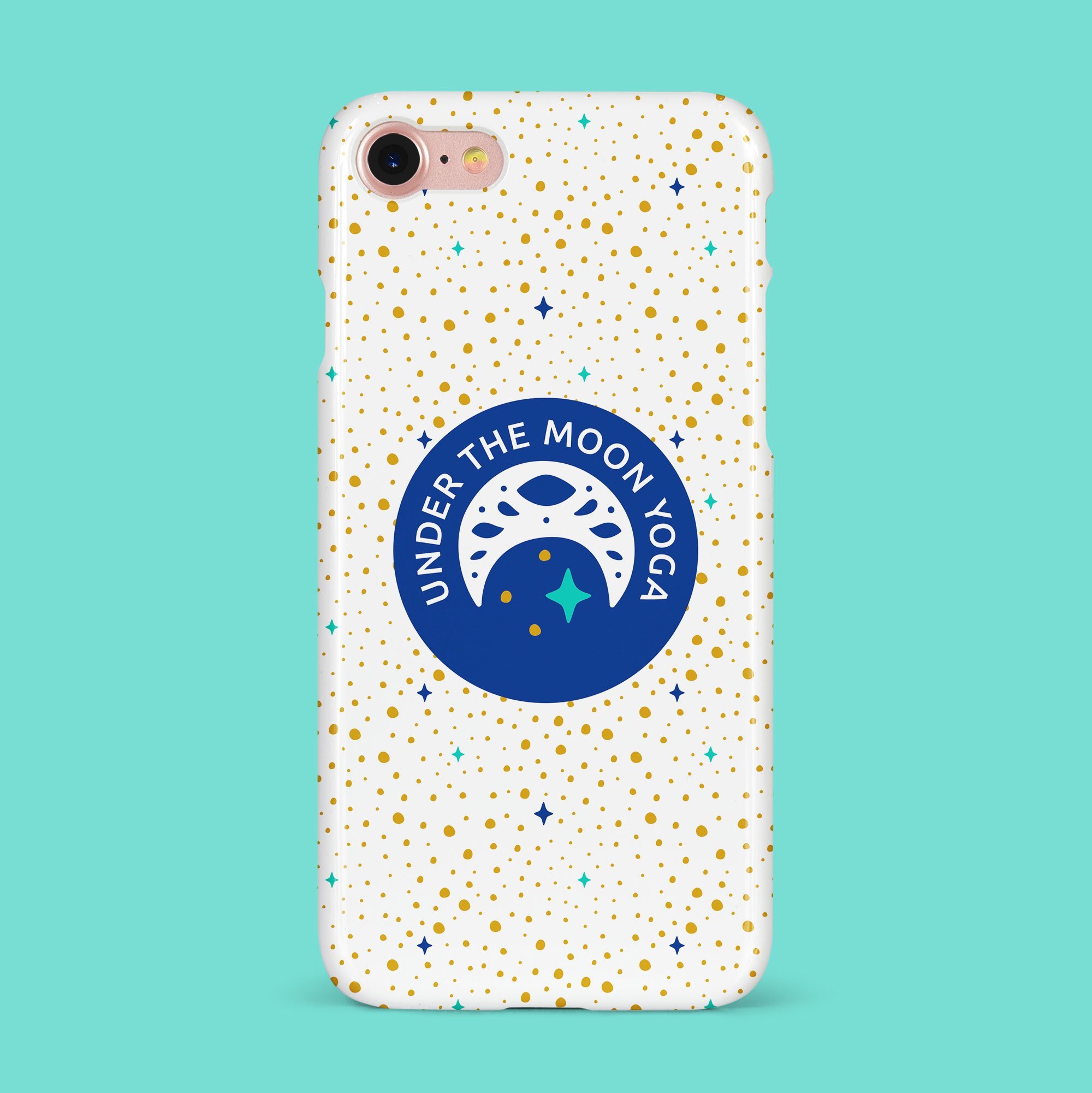 Gold and blue star custom brand pattern design and modern moon logo design on a phone case
