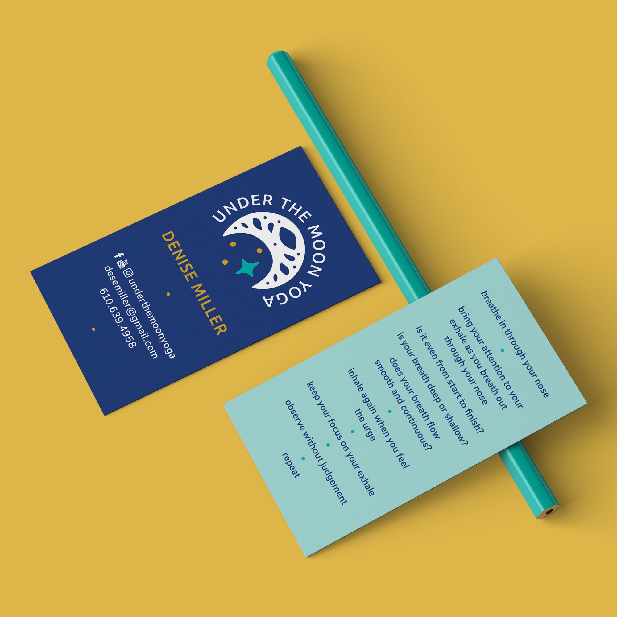 Calming, modern business card design for restorative yoga studio with breathing exercise