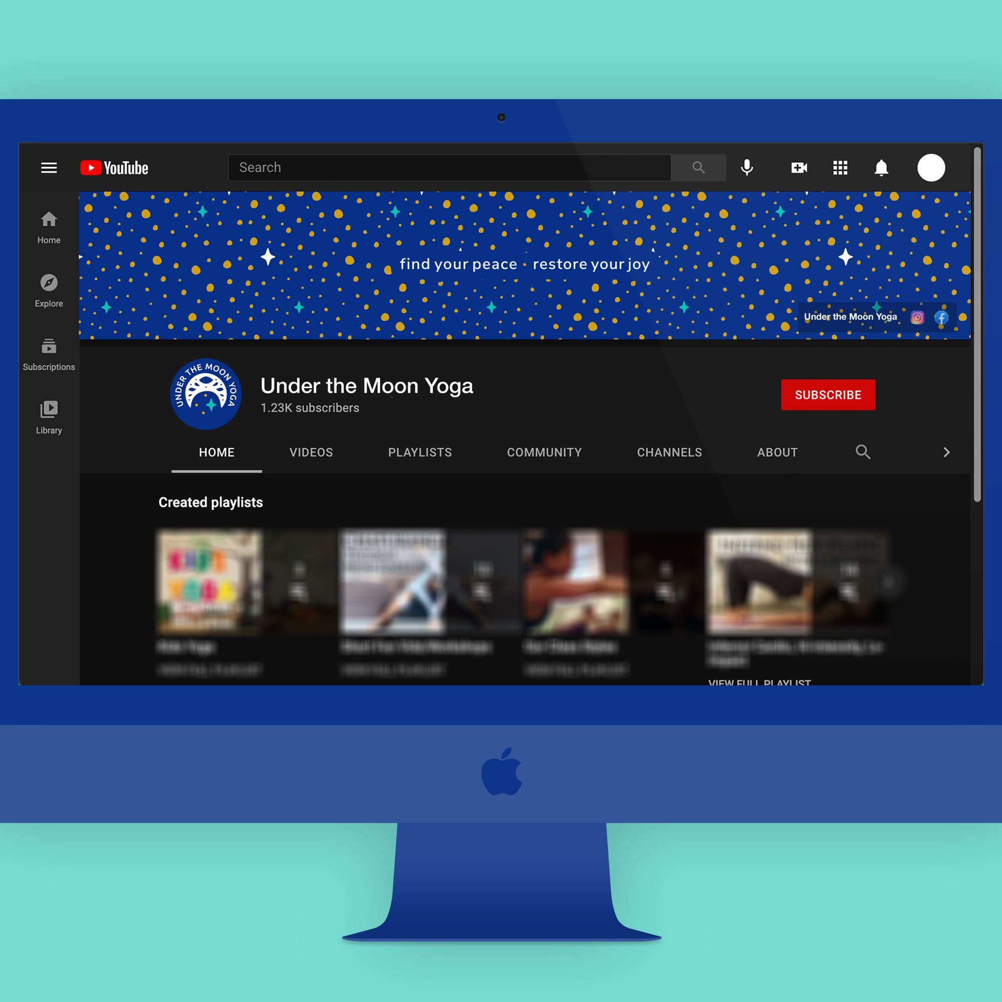 Custom branded youtube banner design with navy blue and gold star pattern for yoga teacher