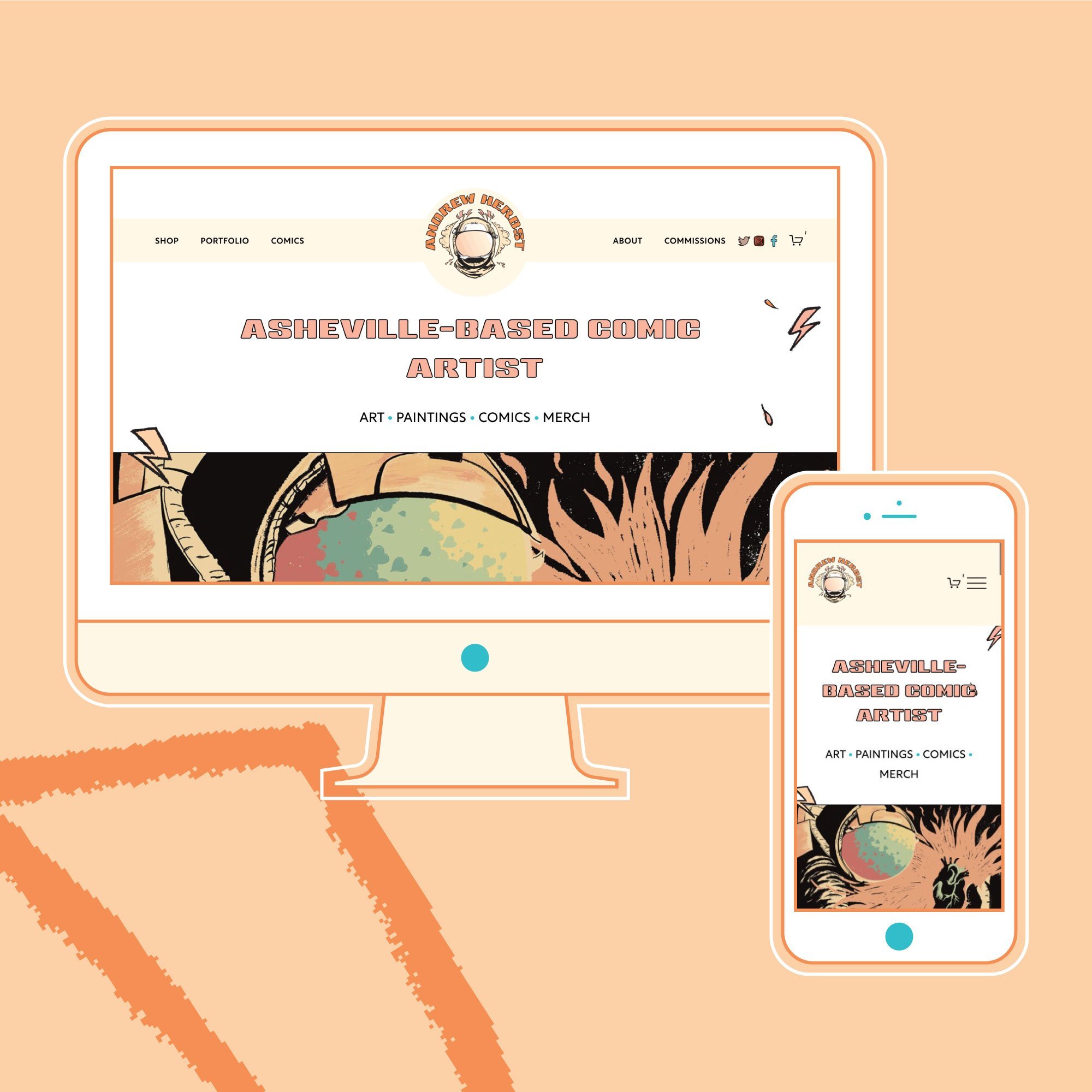 Playful, fun Squarespace website design for an Asheville comic book artist shown on desktop and mobile