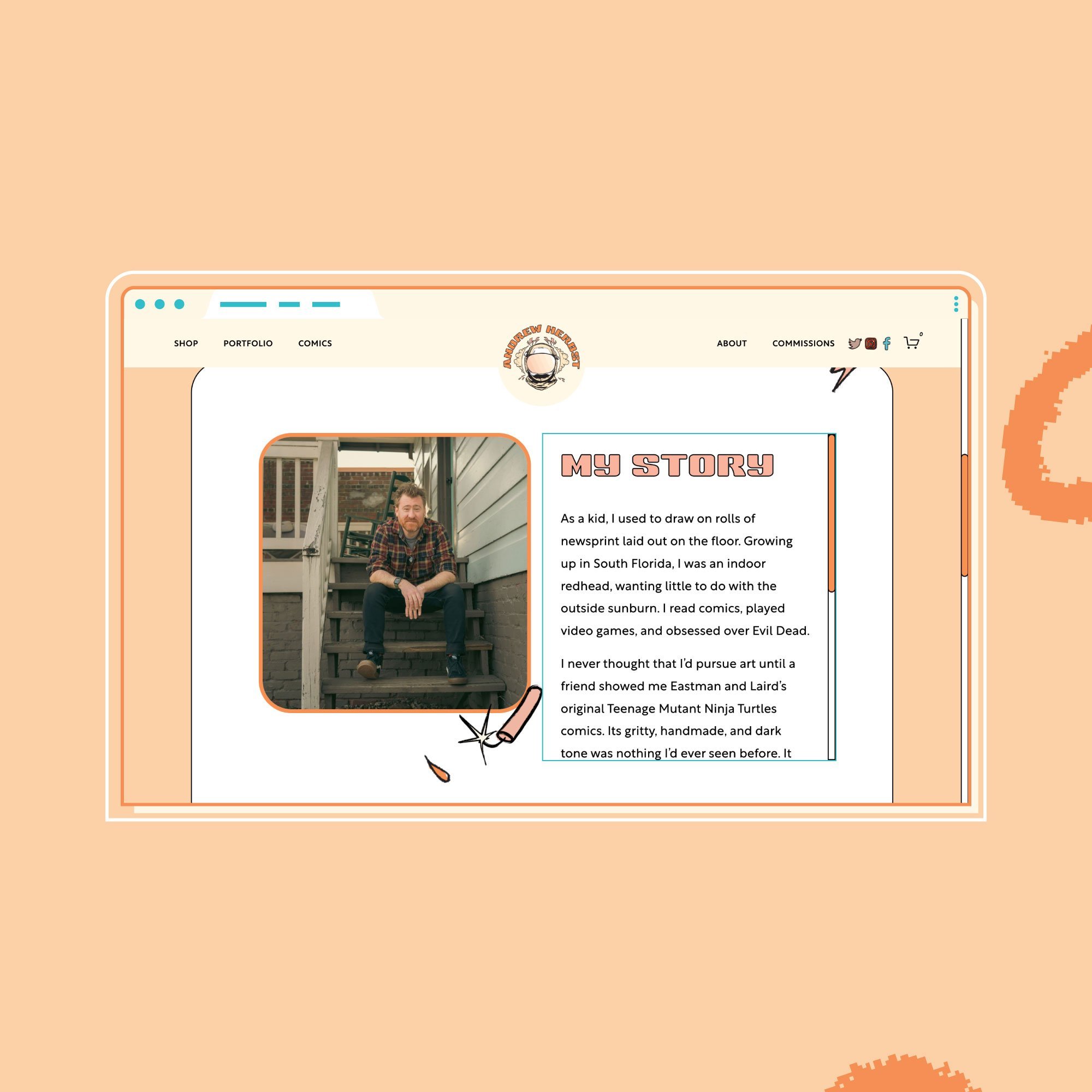 Playful website about page design for an artist with custom illustrations