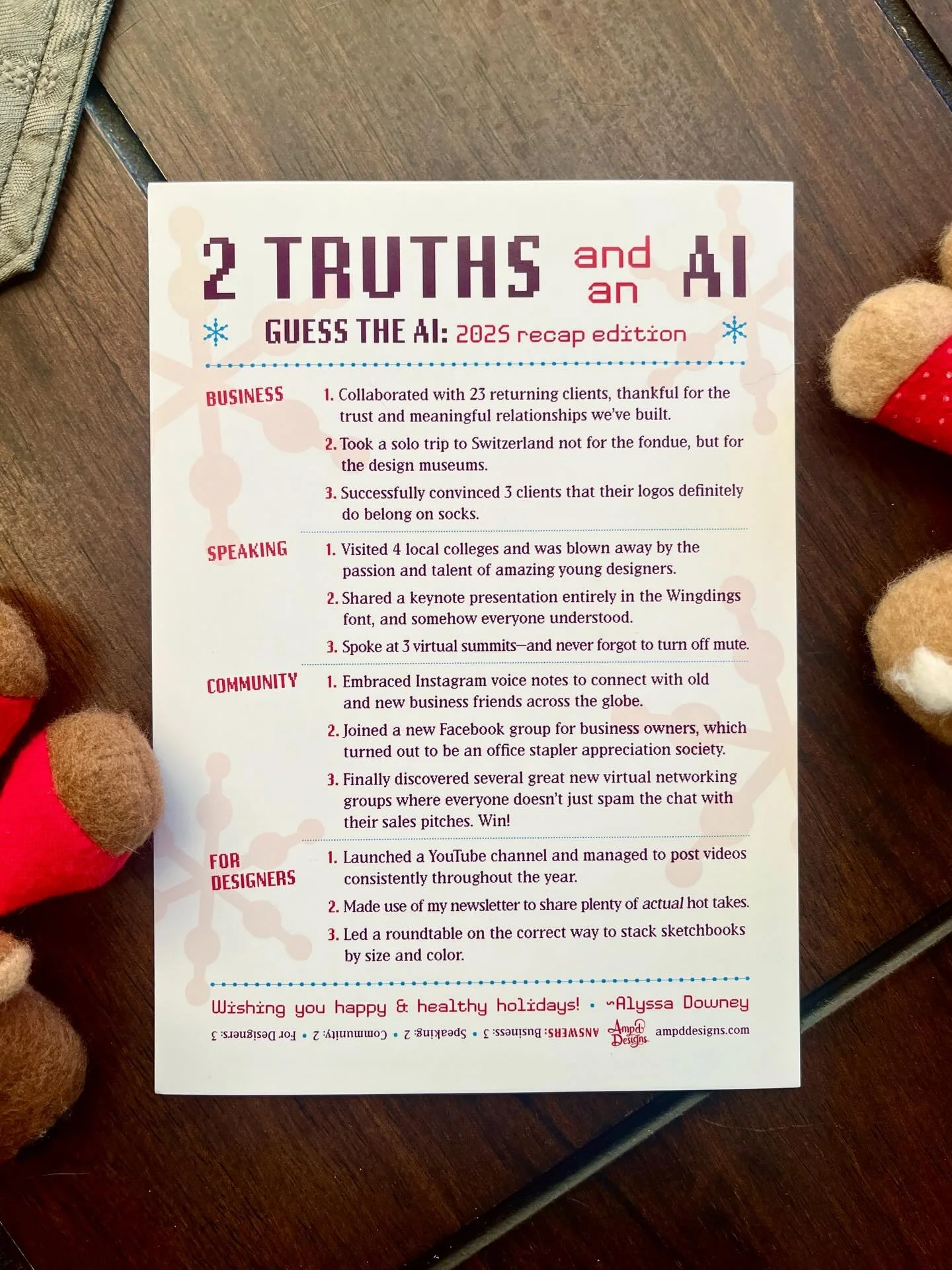 Happy Holidays!!! Every year I make a custom card that&rsquo;s a fun, interactive little game. Bonus points if it also harkens to a theme of the year.

Will and I also make a version of the same card for our family &amp; friends. This year we knew we