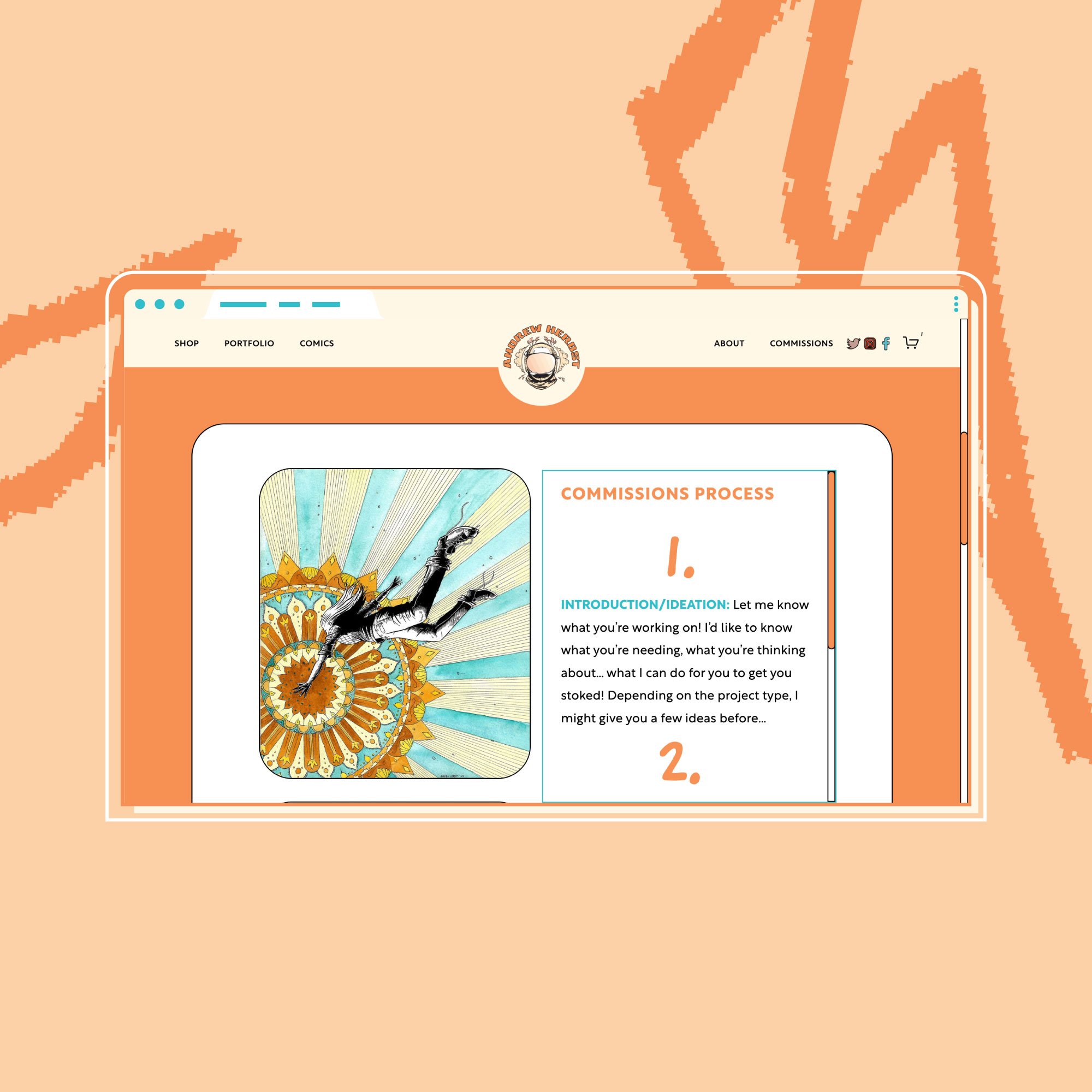 Fun, playful website process page design for a comic book artist