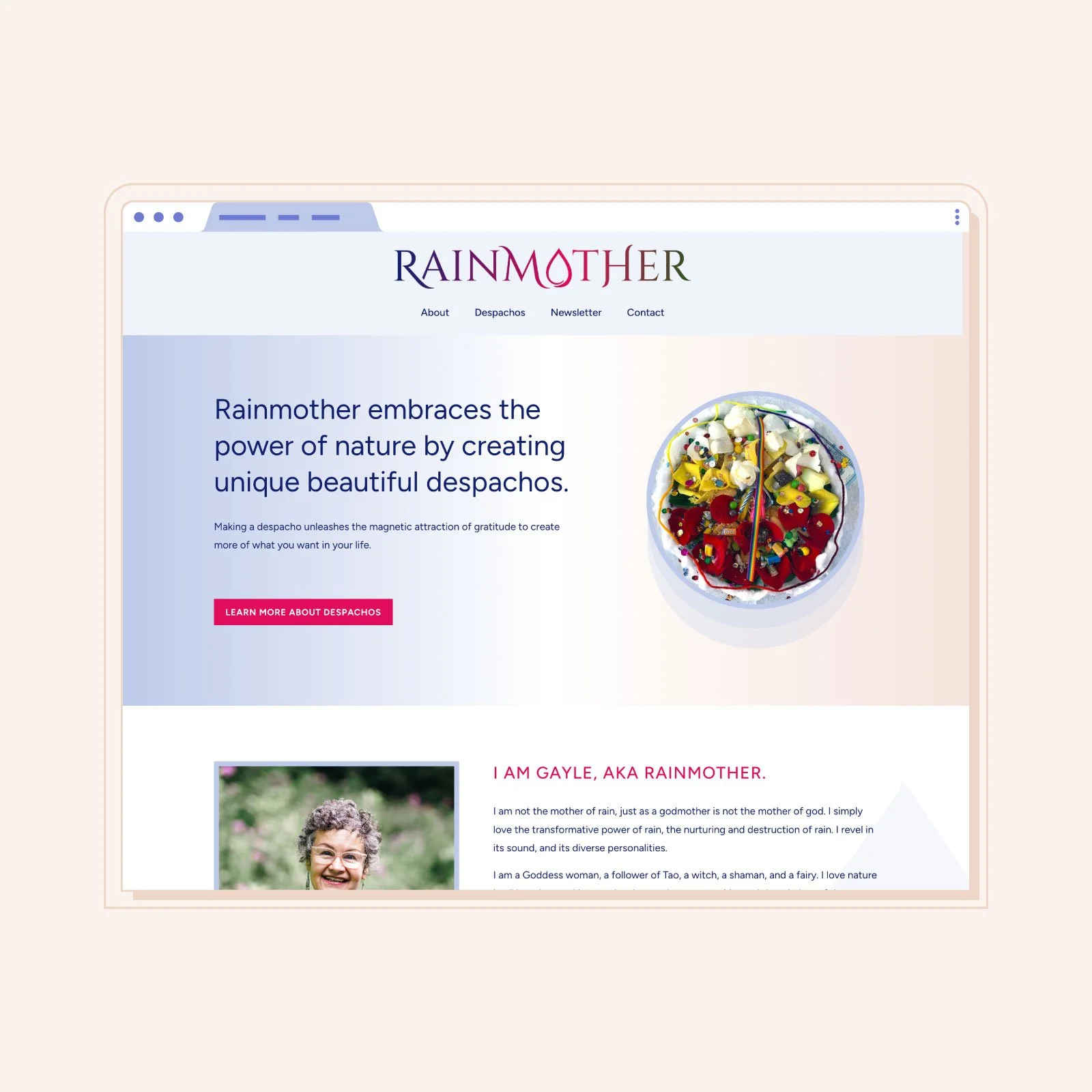 Rainmother | Simple, calming one-page website design for a shamanic healer