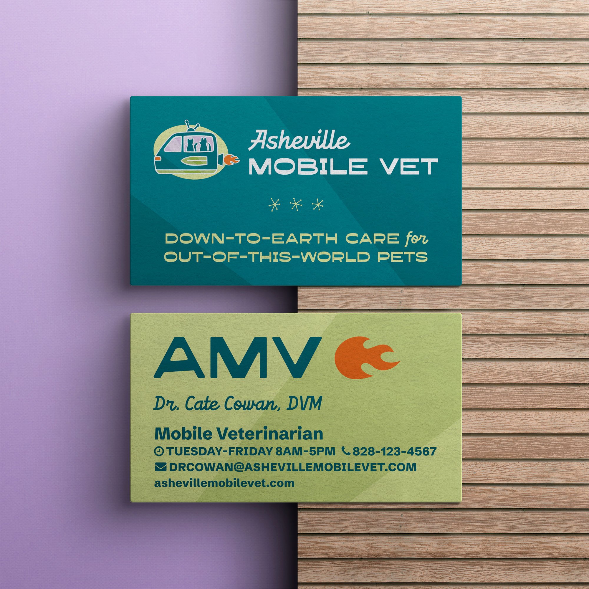 Bold, fun, bright, playful, retro business card design for Asheville Mobile Vet in Asheville, NC