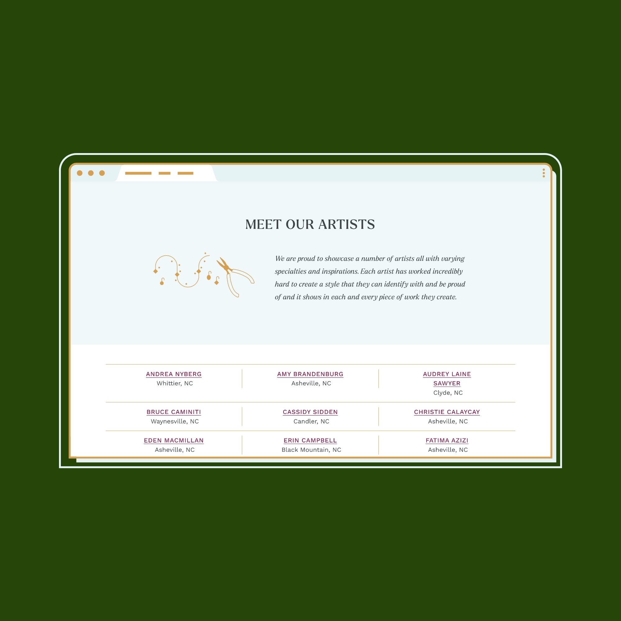 Modern, simple website design showing gallery artists for the Jeweler's Workbench jewelry gallery
